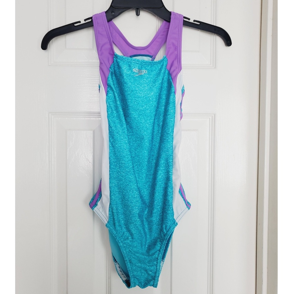 Speedo One Piece Infinity Splice Swimsuit Blue Purple Racerback Training 14